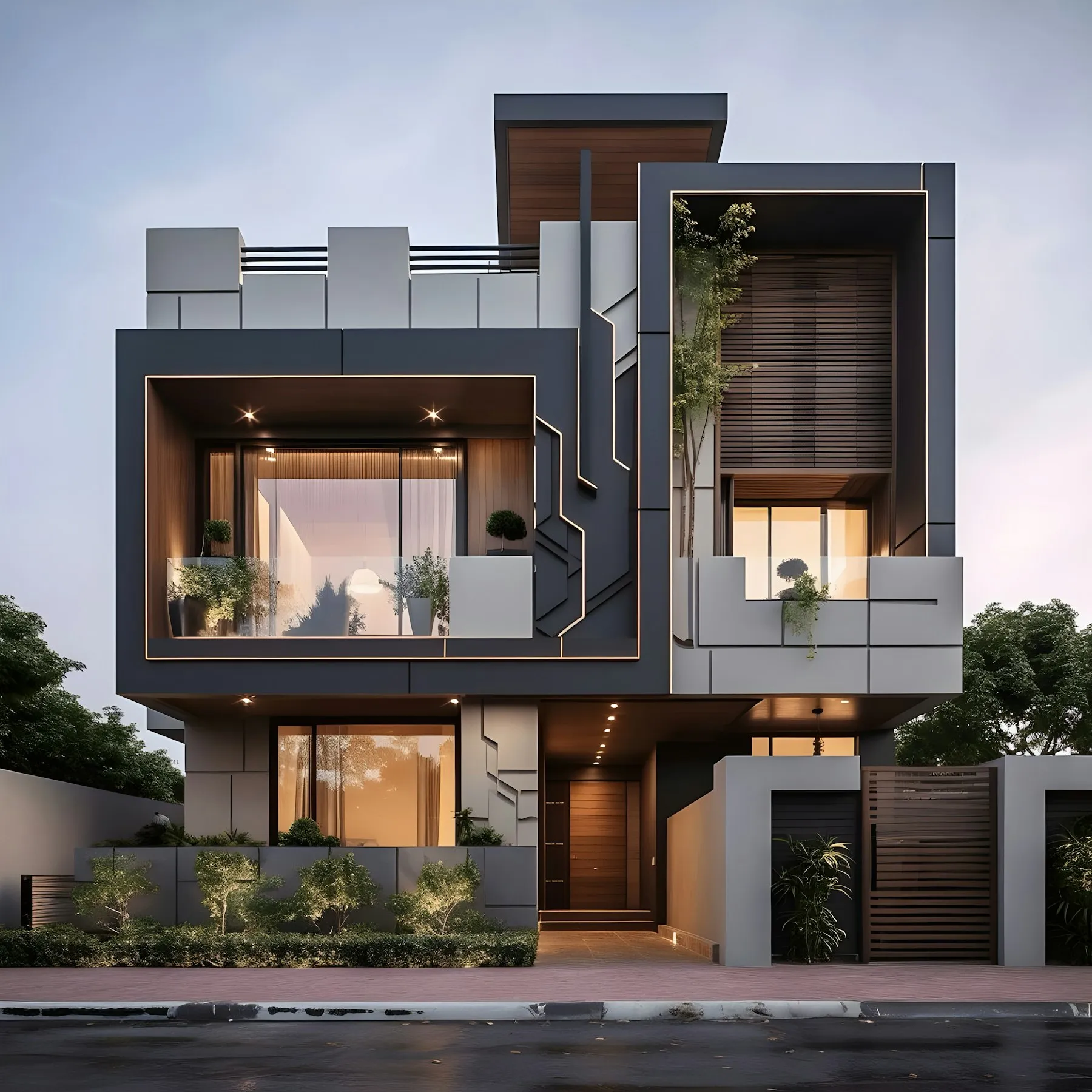 A contemporary multi-level house lit from within at dusk