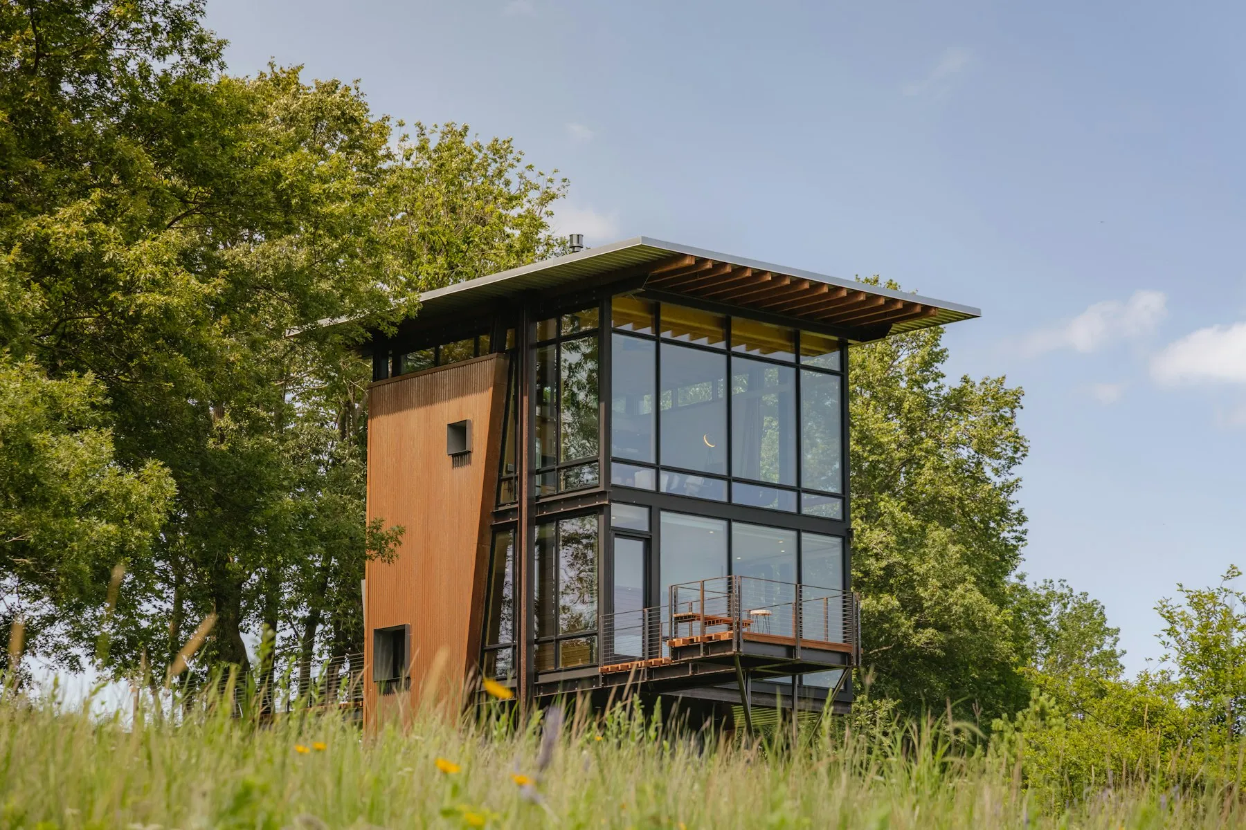 A glass and timber house standing in long meadow grass under a clear sky