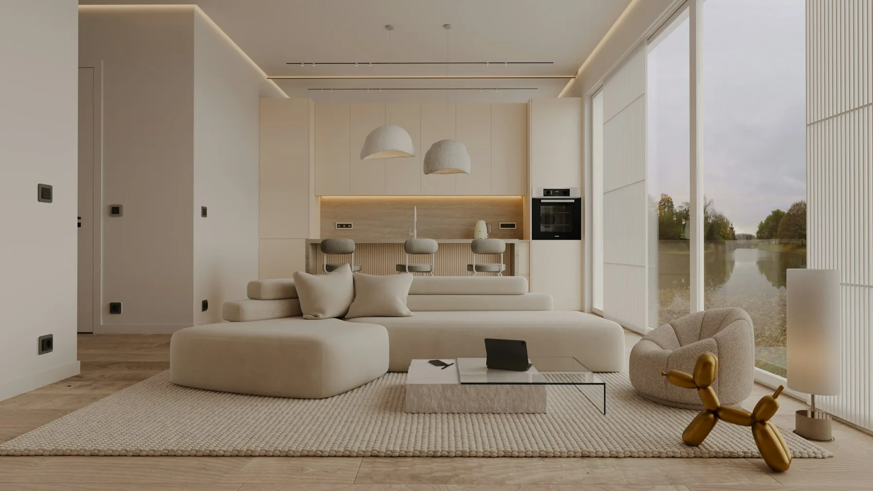 The open-plan living room with a curved sofa and full-height glazing