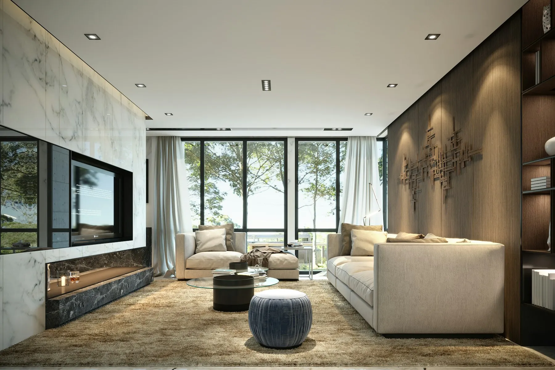 A living room with a marble fireplace and wide windows onto the water
